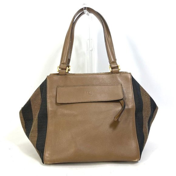 FENDI Pecan Shoulder Bag Hand Bag Leather/Canvas / suede Brown/Black
